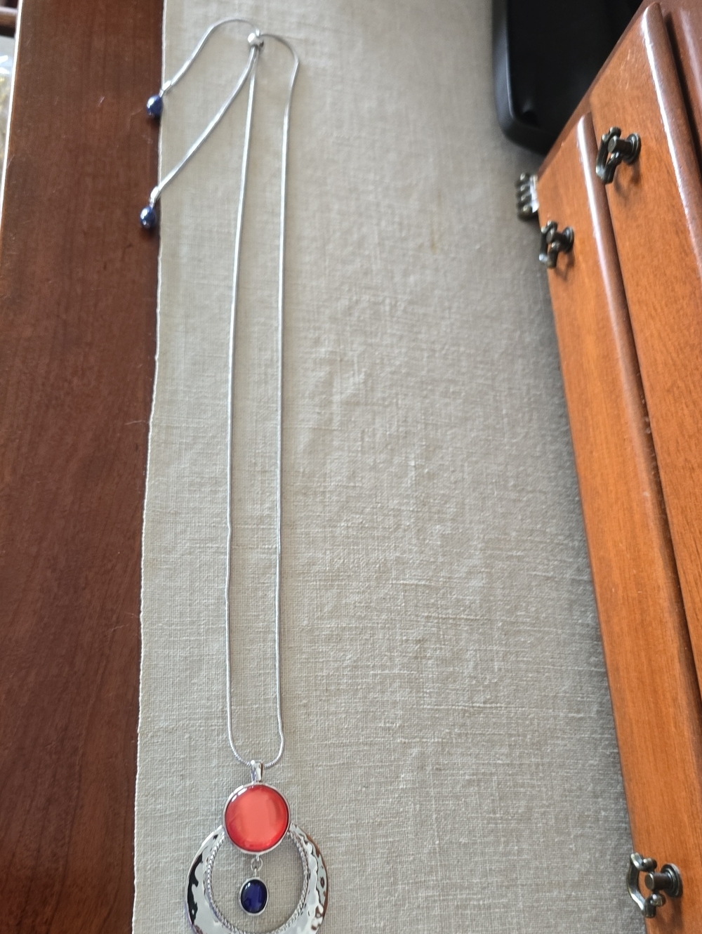 Chico's Silver-Tone Necklace with Coral and Navy Accents